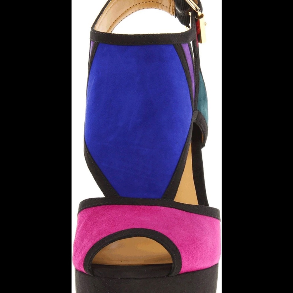 Nine West Founder Suede Blue/Green Multi Colorblock Platform Sandals Heels, 8M